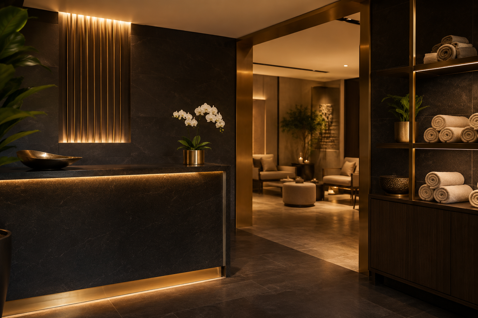 Warm black-and-gold spa reception and lounge