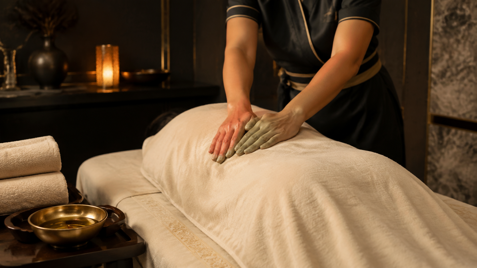 Flowing oil massage technique in a warm spa room