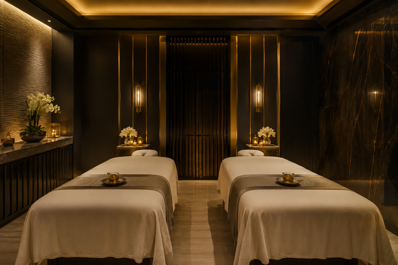 Private double treatment room prepared for a couples massage