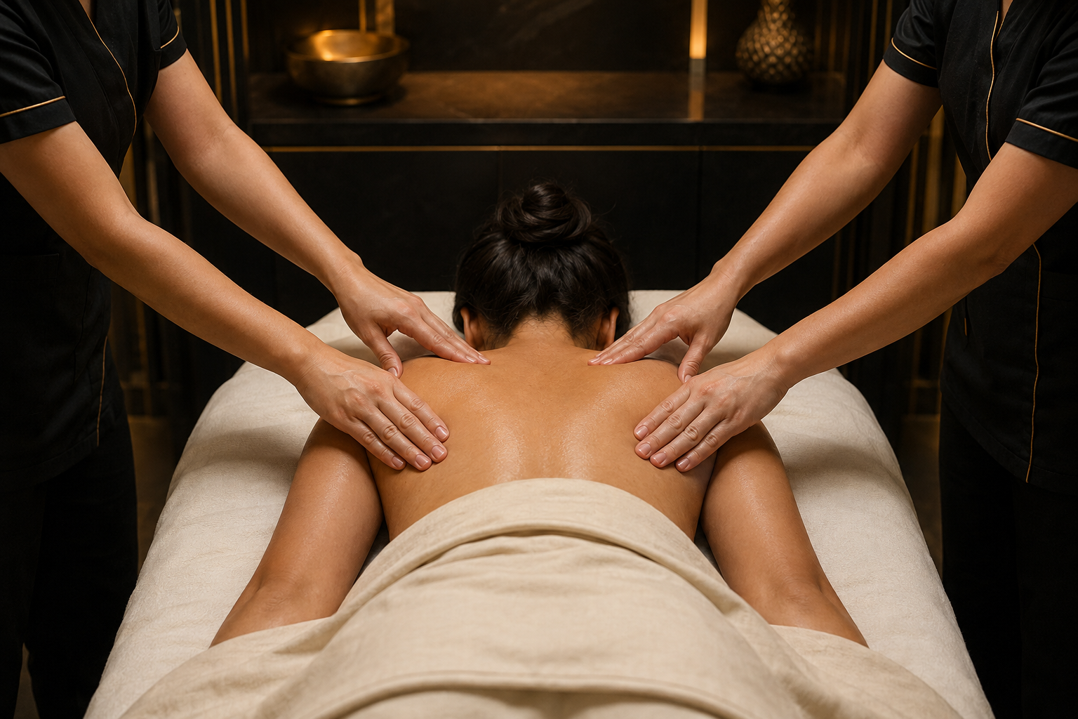 Two therapists performing a synchronized four-hands massage