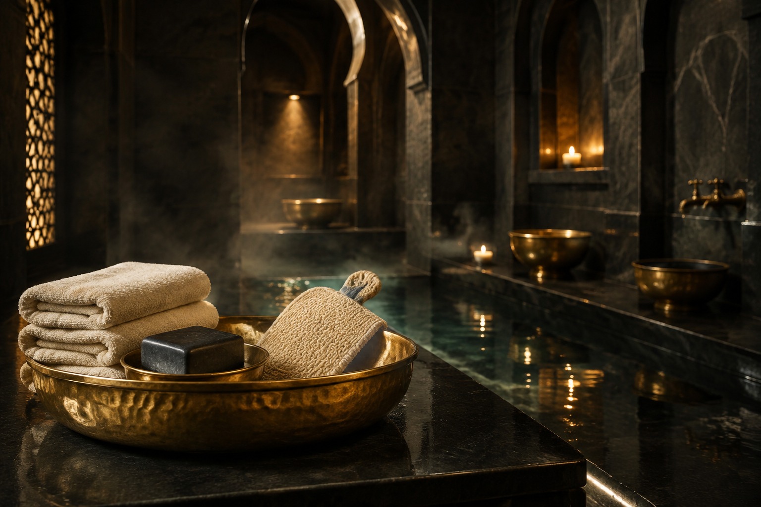 Black soap, brass bowl and towels prepared for a Moroccan bath