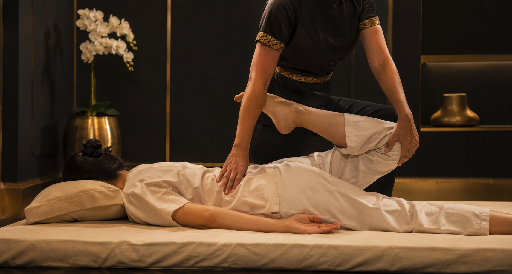 Professional assisted stretch during a Thai massage session